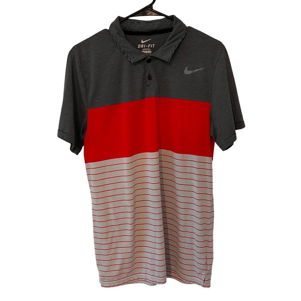 Nike Dri-Fit Polo Shirt Mens Large Red Grey Striped Short Sleeve Golf Athleisure
